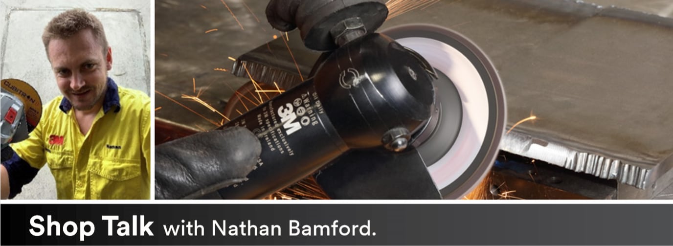 Composite image of Nathan Bamford and machine beveling a metal edge with a flap disc